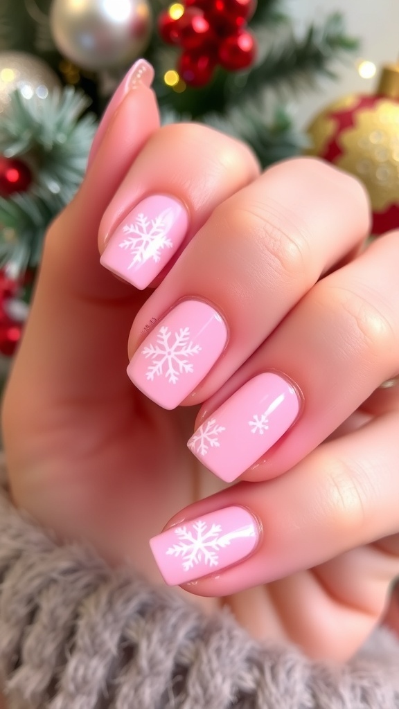 Close-up of pink Christmas nail art with snowflakes on a festive background.